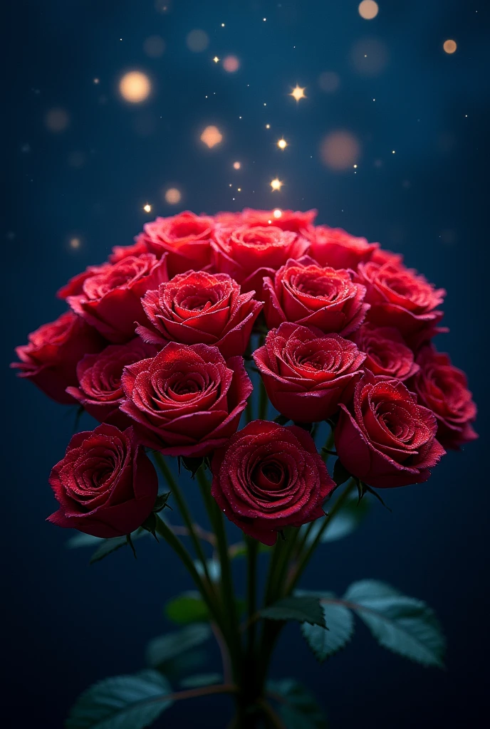 Draw me 17 red roses with 17 stars that stand out in a beautiful night