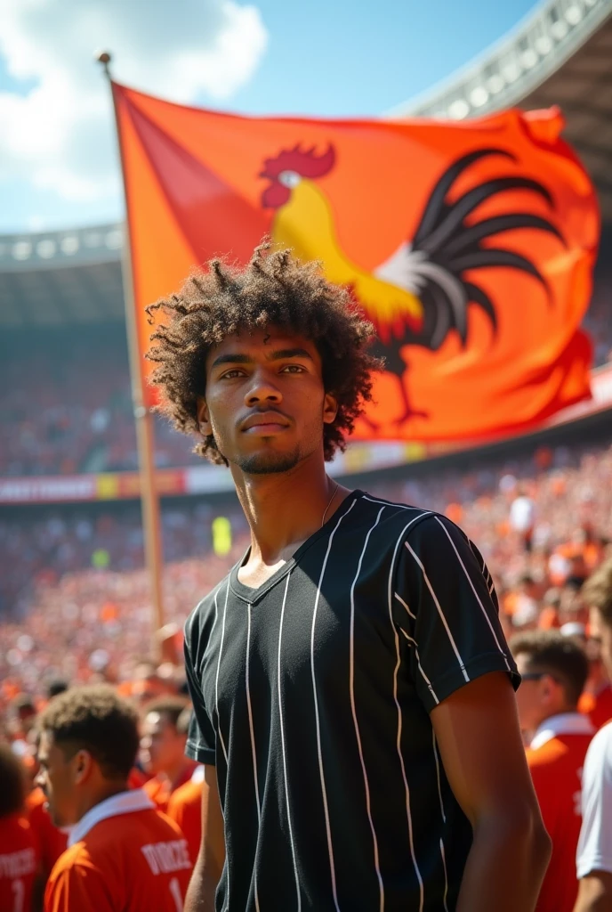create an image of a young brown man with curly hair in a stadium wearing a lightly vertically striped black and white shirt with a flag of a super strong rooster in the background
