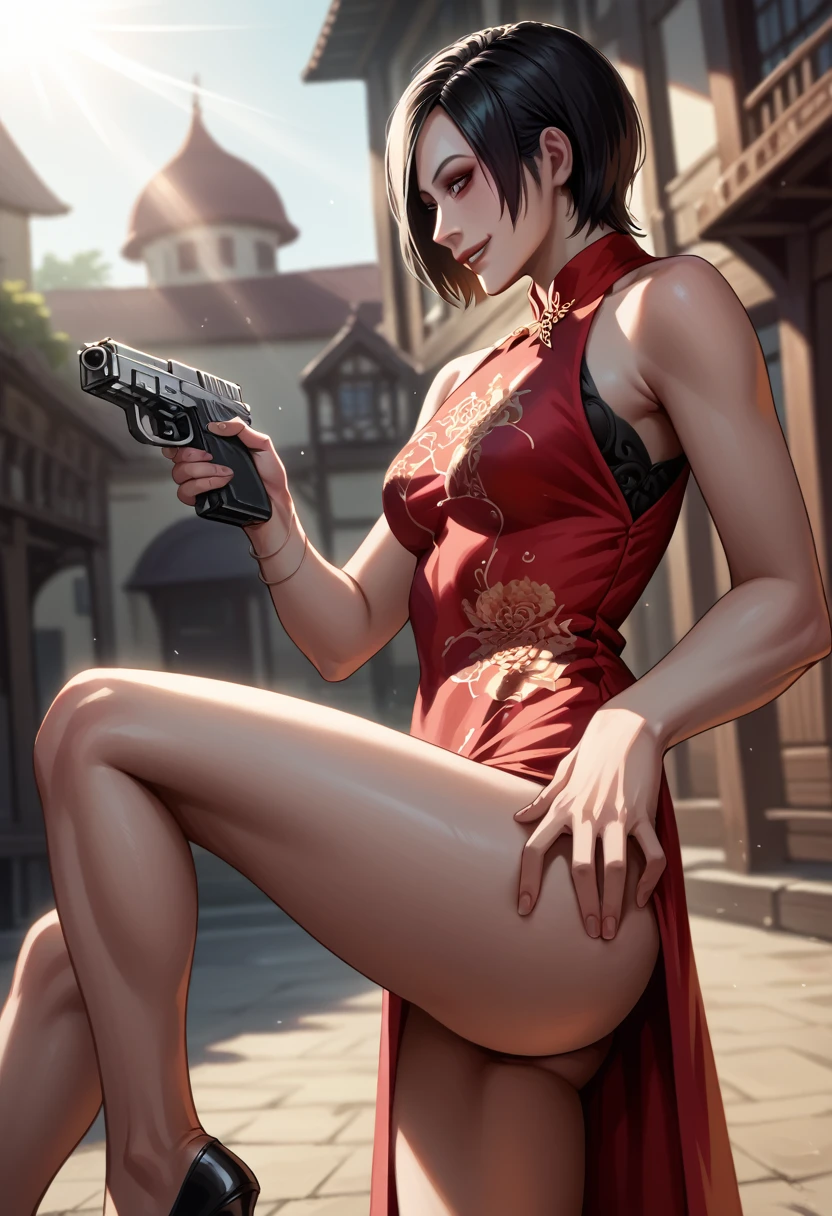 1 girl， solo， Ada Wong in the Resident Evil 4 remake， short detailed hair， brunette color hair， Red cheongsam， Short-sleeved shirt，， nedium breasts， upper legs， hindquarters， black heels， Adriana's face， audience looking， sly smile， The pistol was hung around her waist， Best quality at best， A high resolution：1.2， 18th century village in the background， shadowing， nightmare， rays of moonlight， Upper body shooting， Low camera angle、depth of fields、Center focus