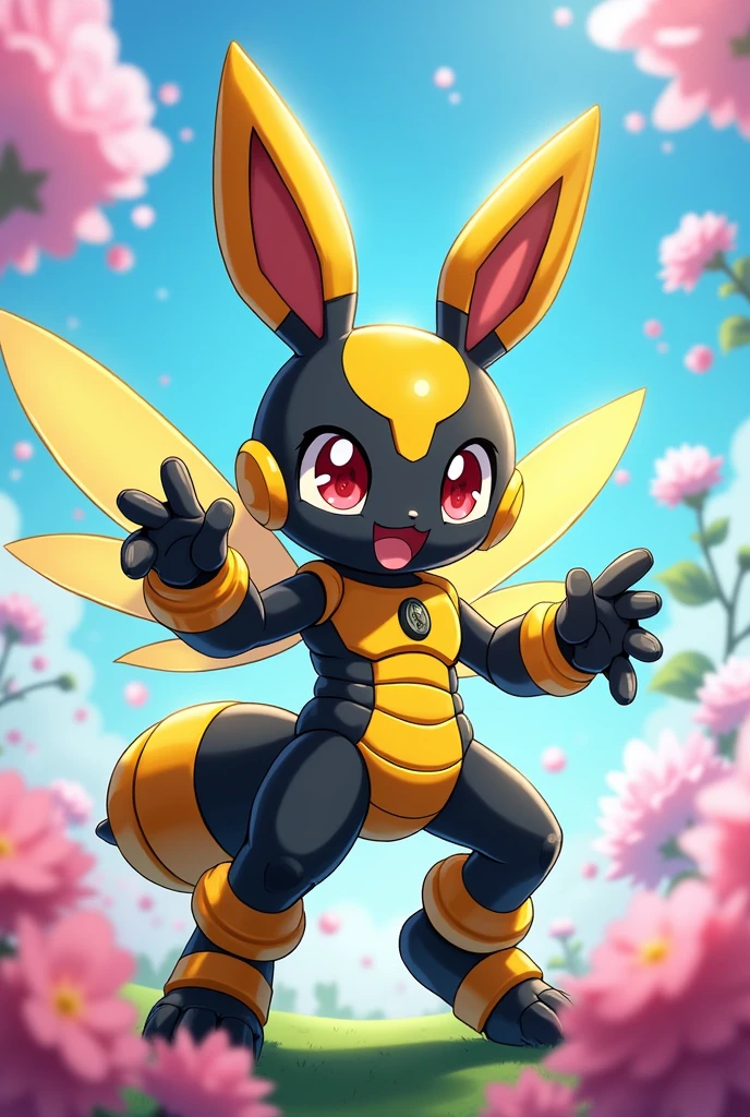 A anime style chibi digimon humaniod creature.
 Appearance: a chimera , half bunny half man half bumblebee.  With big  wings, Big anime eyes. Two Big stingers for hands and wearing a  biological exoskeleton 
 Style : cel shaded , 3d , anime, Full-body,  t pose.
Colors: black and yellow and gold 
This is a digimon 
