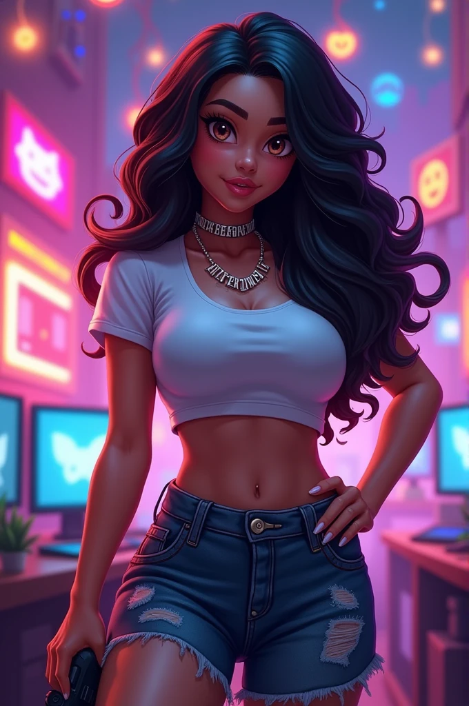 Female character with long black curly hair, brown eyes, wearing a white crop top and ample breasts in harmony with a necklace bearing the name MORENAH in a gamer style.