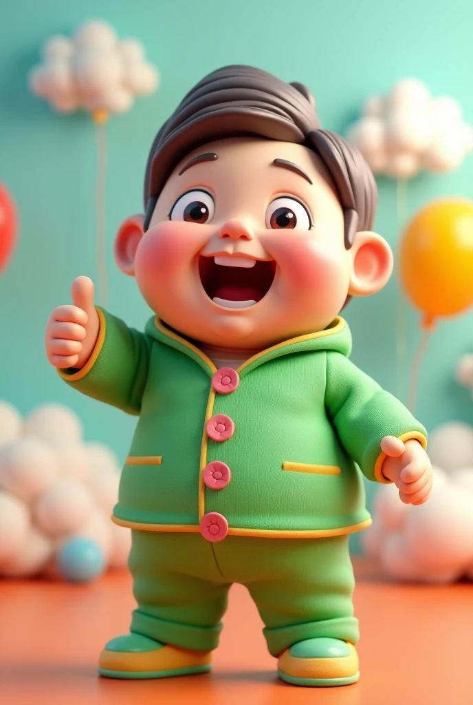 Chubby smiling 3D doll, middle-age, wearing green, giving a thumbs up,
