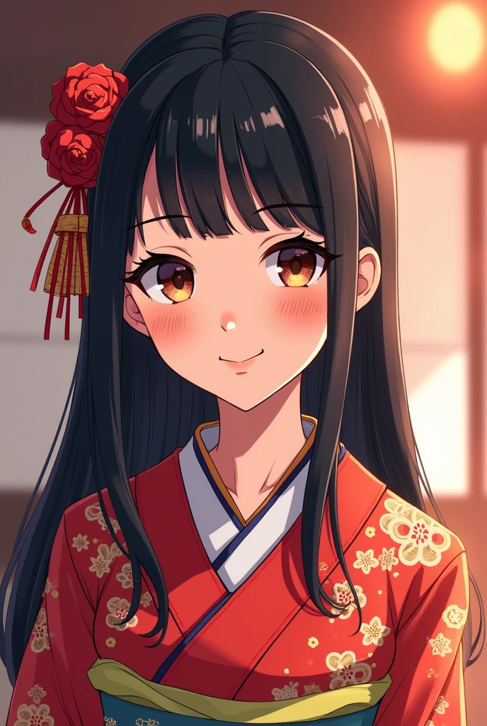 work of art, best qualityer, {best qualityer}, {{work of art}}, {high resolution}, focusing, anime styling, a close up of a cartoon woman, project , portraite, giesha, anime image, long hair, Bblack hair, straight eyes, hair covering ears, Polished and powerful appearance, exotic, Cao Cao, freckles, happy, classic clothes, colorfully, colors  