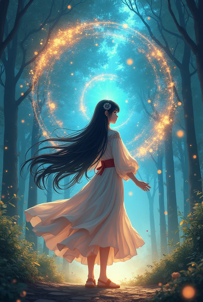 Anime girl with black hair and one blue eye and one golden eye that controls time