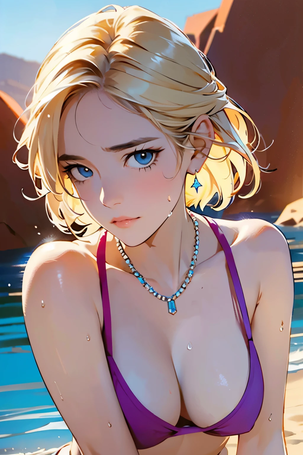 Classical painting, desert,Sitting and looking up at the sky, Woman in swimwear,Portraiture,whole body,Bikini,necklace,Earrings,bracelet, alone,Beautiful Face、A vivid face、40 years old、Sex appeal of adult women,blondes,blondes,Short Bob,Beautiful hairstyle、 Realistic Skin、Beautiful Skin、Narrow shoulders,charm、 Upper Body,detailed,Realistic,Realistic,desert,Backlight、Soft Light、Swimwear,(Sergeant's Oil Painting)、(Highest quality、masterpiece)、Anatomically correct, Covering their mouth with the back of their hand,Their eyes are half open and moist.,Somewhat large breasts(dcup),Sweat,A lot of sweat,Lots of sweat on my face,Painful expression,Wipe off the sweat,