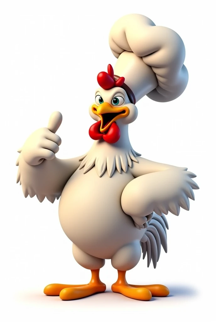 A white rooster that looks somewhat athletic with a chef's hat with his thumb up, not realistic, and I want it to look like a cartoon, even less realistic, more animated like Looney Tunes with nothing else around.


