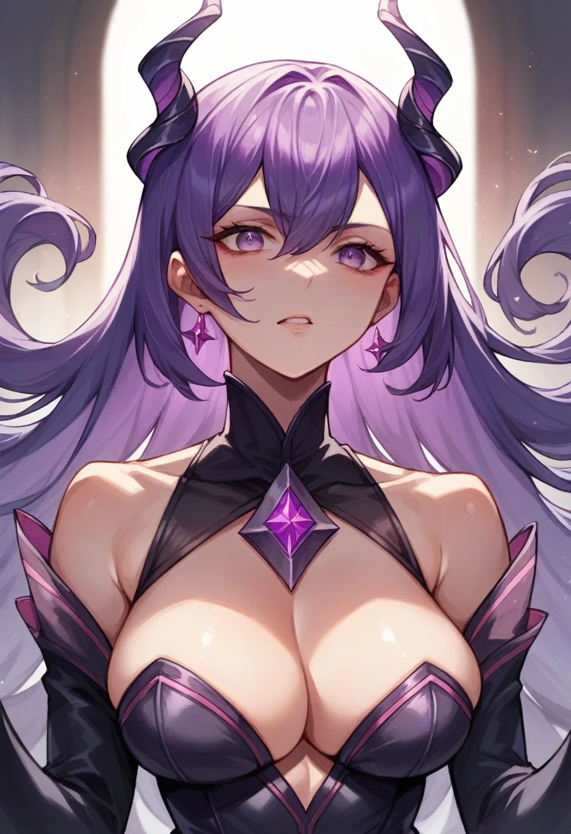 anime evil villainess, purple shining latex suit, cleavage visible, open shoulders, upper half body visible, long purple hair, purple aura around her, using dark magic with hands