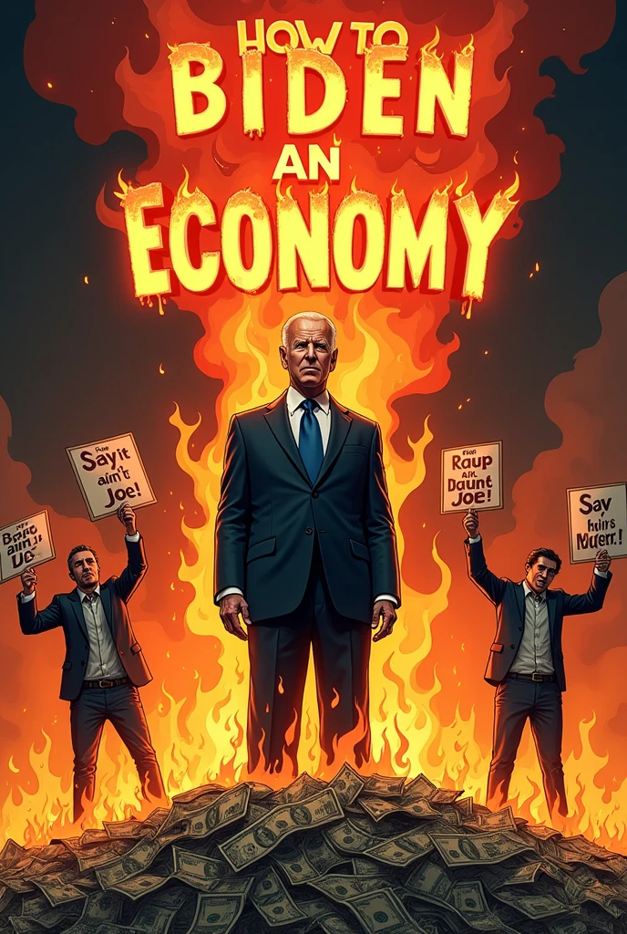 ((Satirical Political Illustration:1.3)), a dramatic scene depicting Joe Biden standing solemnly in the center, surrounded by roaring flames, with piles of money burning at his feet, flanked by two distressed individuals holding signs that read "Say it ain't Joe!", the title "How to Ruin an Economy" displayed in bold, retro-style lettering above, the illustration combining a mix of dark humor and social commentary, ((vivid flames and smoke:1.4)) contrasted against the somber expressions, ((detailed textures in the fire, money, and clothing:1.3)), ((UHD:1.5)), ((high details:1.6)), ((masterpiece:1.7)), by Dan Mumford, Greg Rutkowski, and Norman Rockwell BREAK ((medium shot:1.2)), straight-on angle, ((high contrast lighting:1.3)), blending a bold color palette with subdued tones to emphasize the satirical nature of the scene, ((stylized yet realistic aesthetic:1.3)), meatcanyon style