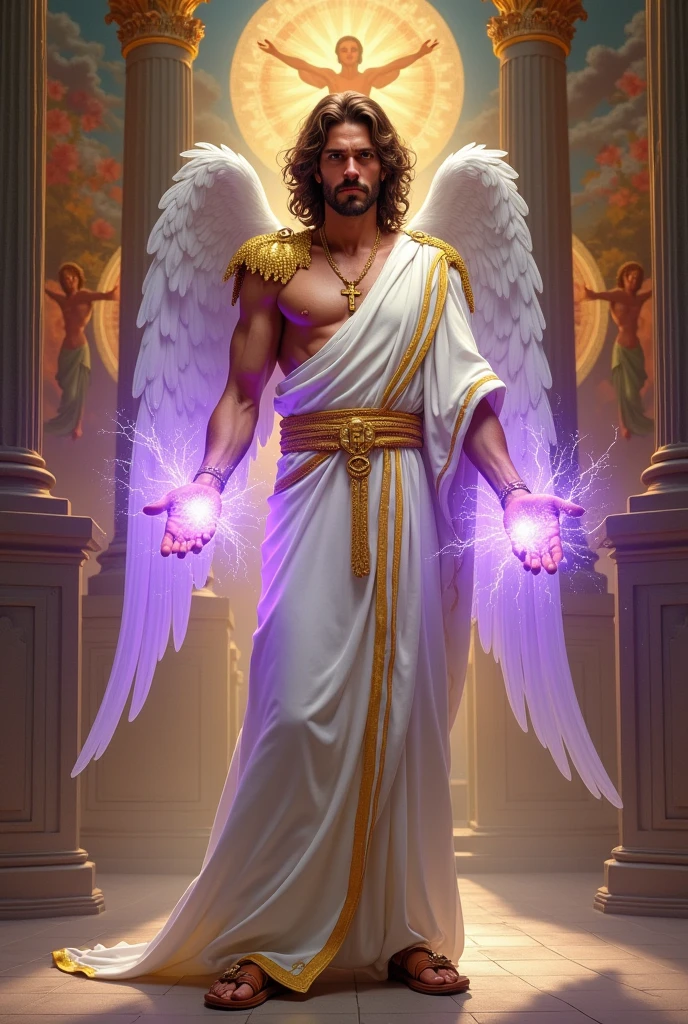a man of 30, with brown, slightly curly hair that reaches her shoulders, a white garment with golden stripes that goes from your waist to your pen, A serious face, with golden shoulder pads referencing angel wings, in his hands, purple energy emanates, in an environment with crosses and religious paintings, wearing a cross necklace, wearing brown sandals, wearing no shirt, small wings