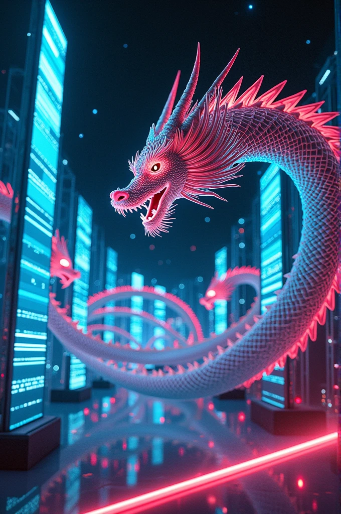 Cyberpunk katana exhibition featuring Japanese dragons in a futuristic space.