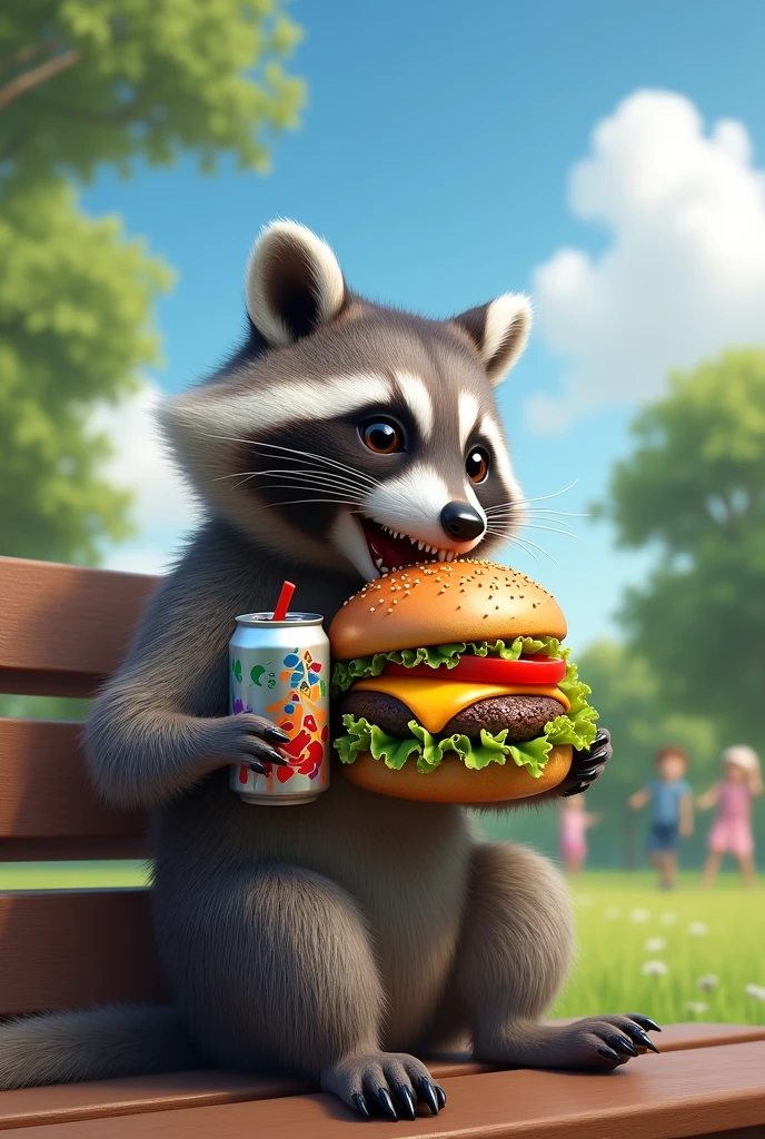 Realistic humanoid raccoon eating a hamburger and drinking soda