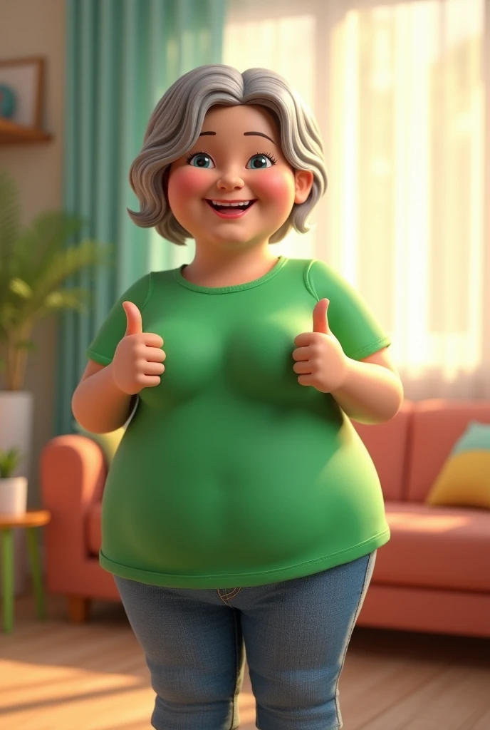 Chubby smiling 3D doll, middle-age, green t-shirt dress and jeans, giving a thumbs up, 