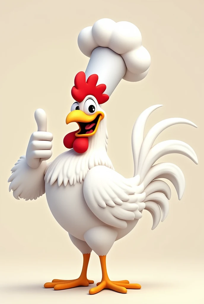 A white rooster that looks somewhat athletic with a chef's hat with his thumb up, not realistic, and I want it to look like a cartoon, even less realistic, more animated like Looney Tunes with nothing else around.

