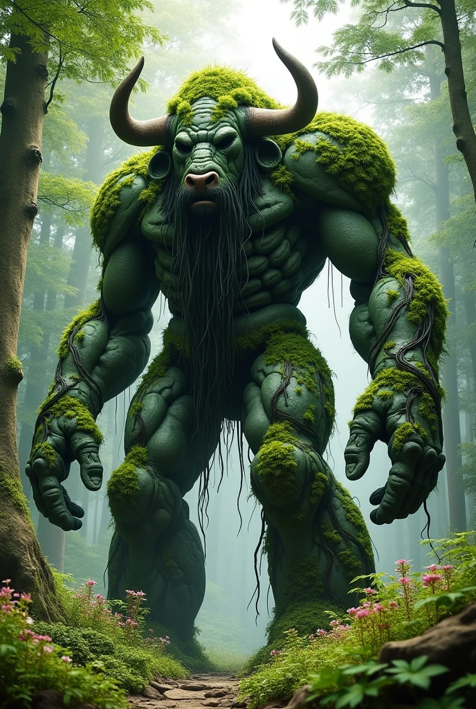 stone golem, moss and bull-shaped vines