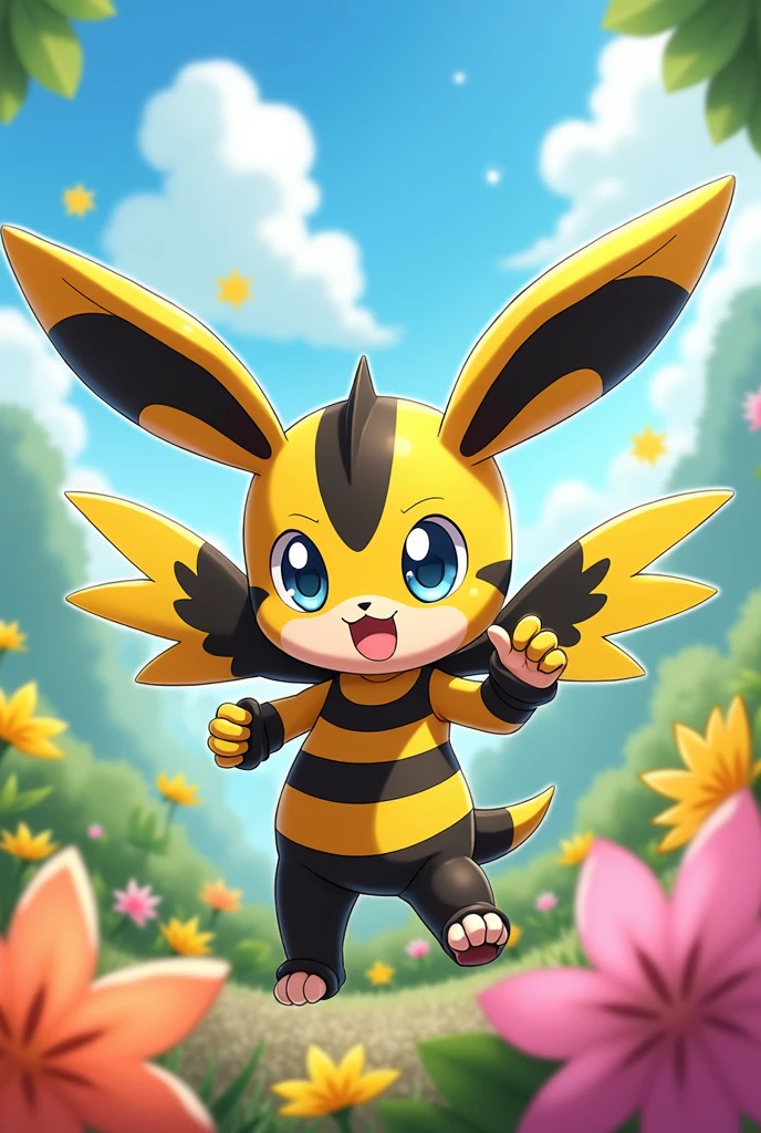 A anime style chibi digimon humaniod creature.
Appearance: a chimera , half bunny half man half bumblebee. With big wings, Big anime eyes. Two Big stingers for hands and wearing a biological exoskeleton
Style : cel shaded , 3d , anime, Full-body, t pose.
Colors: black and yellow and gold
This is a digimon