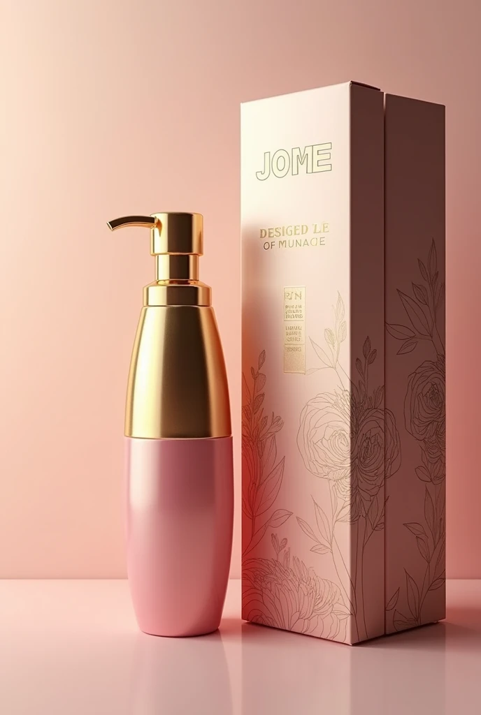 Hair treatment product for damaged hair, whose container should be premium line, gold and pink with a push-type dispensing valve, innovative design with the brand name JOME hair treatment and its respective box 