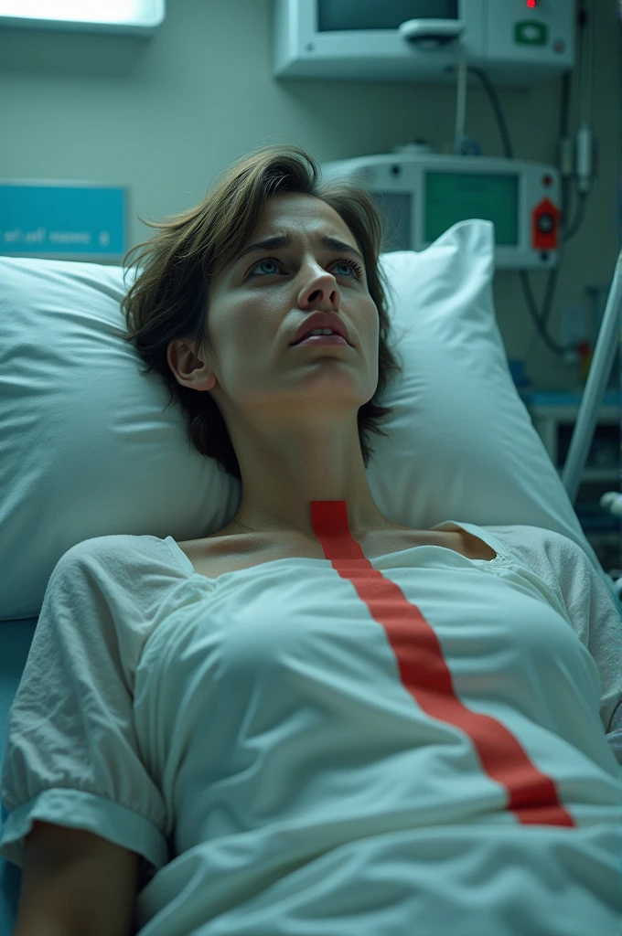 A 25-year-old woman who underwent heart surgery。Height 169cm Hairstyle: Short。A bulbous nose with long nostrils。The face is vertically long。He is wearing a surgical gown and lying in an intensive care bed.。A woman with tubes connected to her body。has a red linear scar 25cm long down the midline of her chest from a sternotomy。Crying in pain from the wound。