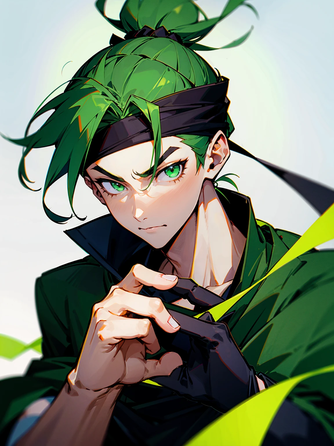 1male, green hair, top knot, black headband, green yukata, black sweatshirt, green eyes, black gloves
