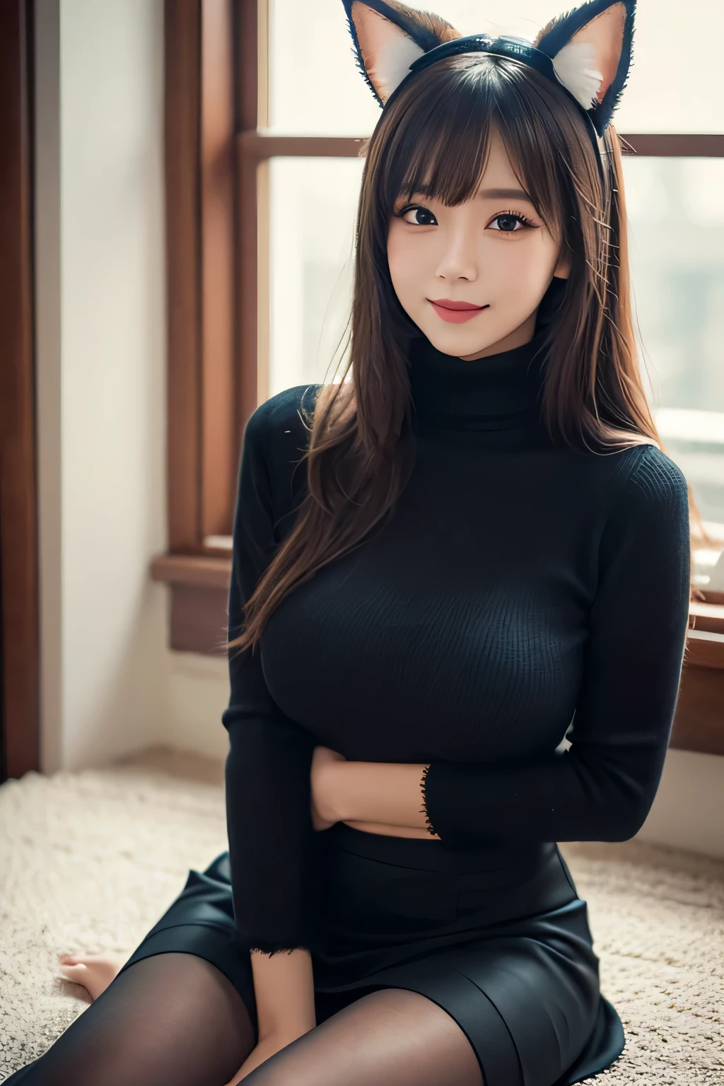 (ultra high quality, realistic photo) Chinese Hanfu young woman with long, wavy, black colored hair with perfect bangs、Sitting gracefully in a tight turtleneck sweater and high waist long skirt、pink fuzzy tight turtleneck sweater, black long high-waisted skirt, conservative but large breasts、Adorned with glittering embellishments and a large bow on the bust。She has big fluffy cat ears on her head、Matching soft and fluffy tail。Her eyes are large and seductive half closed、A calm and attractive look。The scene is softly lit with a magical, dreamy atmosphere.、It highlights her smooth skin and the intricate details of her outfit.、It adds to the whimsical nature of her look.。The background is soft and blurry、Enhances the ethereal feel of the image。
seductive, eyeliner and eye shadow, tight clothing, sitting with legs crossed wearing pantyhose, 3 meter long hair, extremely long hair, shampoos hair everyday for the last 10 years, hair touching the floor, goddess, thin beautiful, red lipstick, arms squeezing breasts, smirk, hypnotized, brainwashed, happy