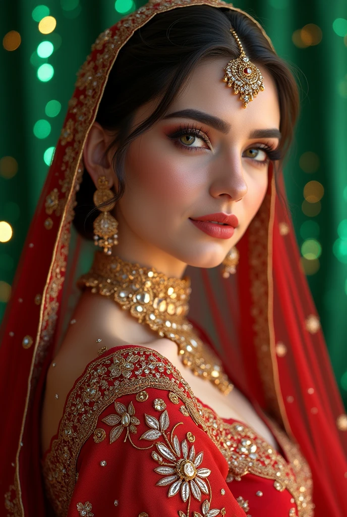 Create a 3D illustration of A 20 year-old girl wearing pakistani Bridel dress in red color with beautiful bridal makup like kashee's artist salon mAkup & beautiful jewelry only her face & half body i want her image for a beauty salon bridel makup service ads. Her makup is perfect & beautiful she is looking soo beautiful & beckground thame is luxery gulter c green don't show her body creat in insta post size