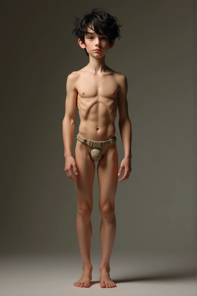 Boy 1.75 inches tall, naked thin with toned arms and abdomen , thin and long legs , body hair on the pubis, legs and abdomen, testes hanging and flaccid penis, Black hair.