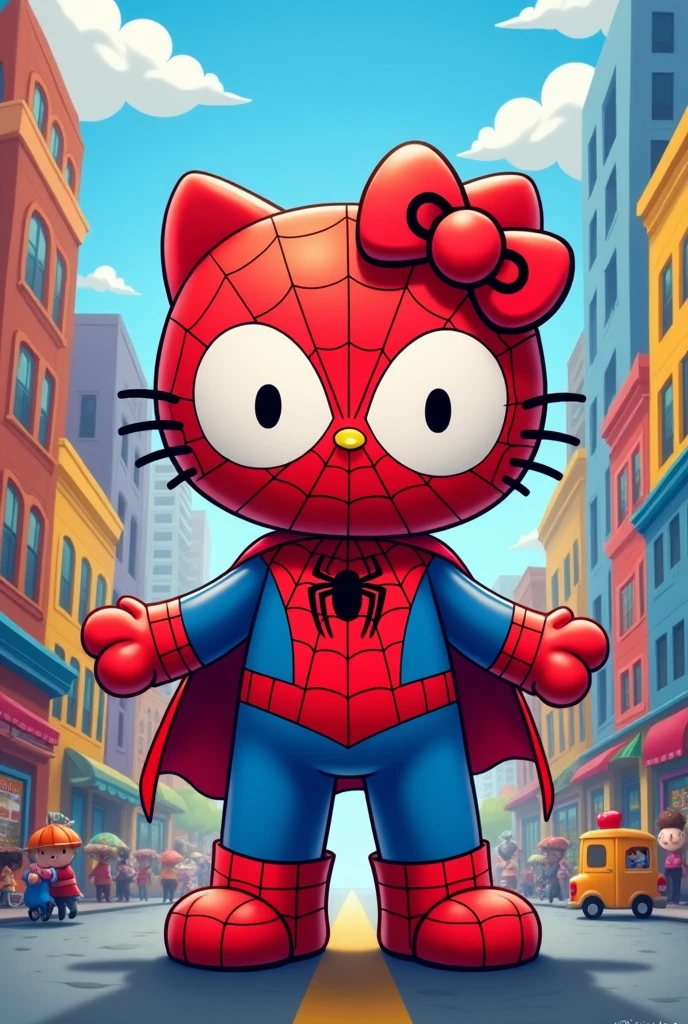 Create a Hello Kitty dressed as Spiderman, sin mascara, without cape, in a city, in a cartoon style, without cape
