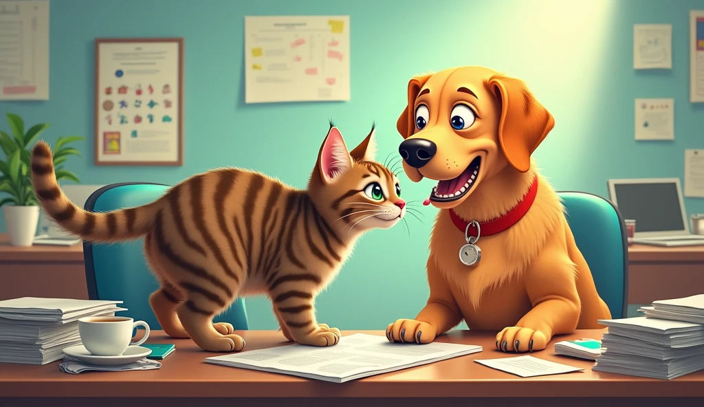 Un chat qui lèche un chien par derrière, illustrant de manière humoristique le comportement d'un collègue qui cherche à flatter le patron de manière excessive.
