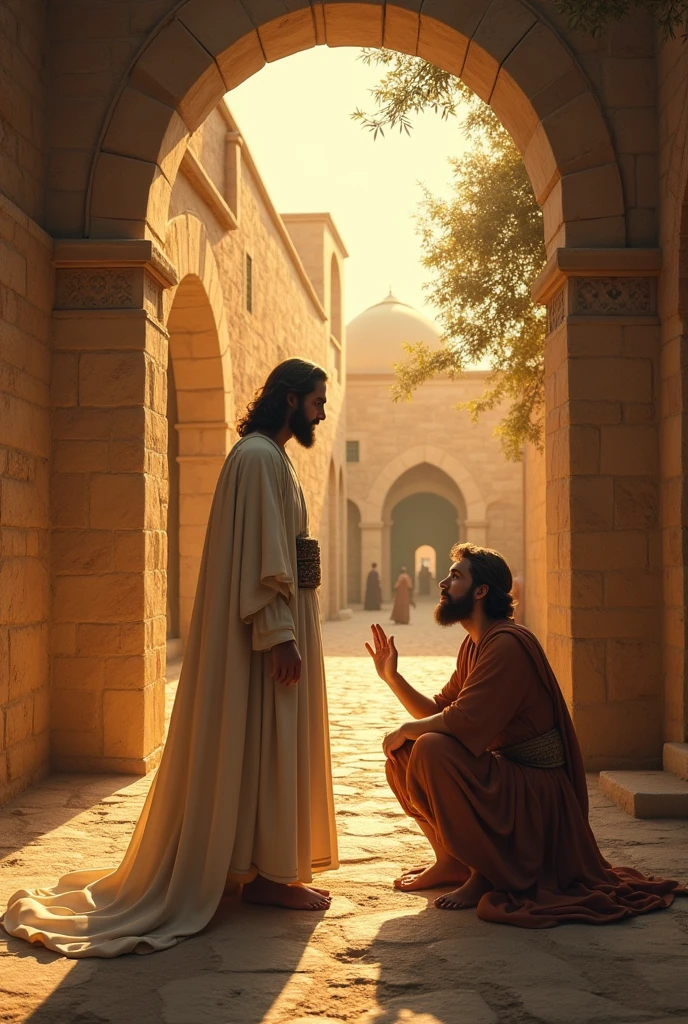 Realistic horizontal image of Jesus looking down and speaking to Peter in old Jerusalem, while his disciples waited in seclusion 