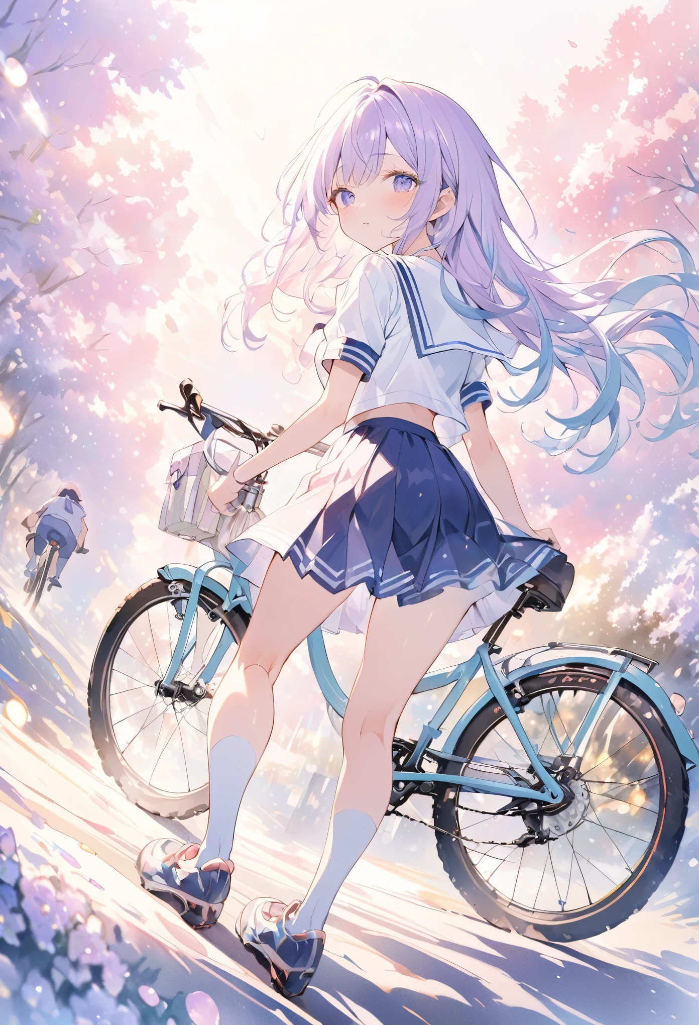 masterpiece, best quality, extremely detailed CG unity 8k wallpaper, Anime illustration of a high school girl riding a bicycle down an amazing downhill slope. She wears a sailor uniform. She is wearing a knee-length skirt. She is riding a bicycle with her legs spread to the sides. Angle seen from the back of the girl. It is painted in pastel colors and has a very emotional atmosphere. Watercolor. bokeh photography, (soft focus):1.2, out-of-focus highlights, dreamy ambiance, glowing circles, mesmerizing depth, depth of field