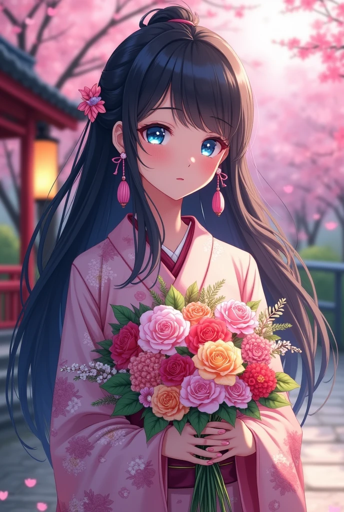 anime young adult with long pretty black hair, blue eyes, pink dangle earring, flowers tied to the back of hair, holding bouquet of flowers, wearing kimono, makeup, serious face, neckalace