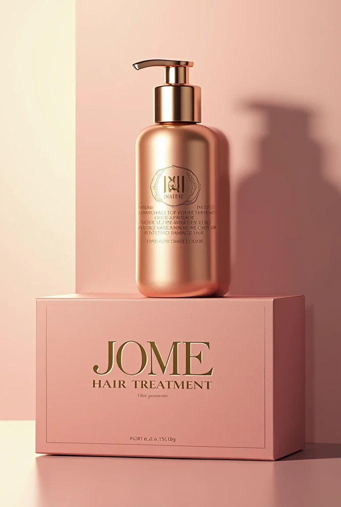 Hair treatment product for damaged hair, whose container should be premium line, gold and pink with a push-type dispensing valve, innovative design with the brand name JOME hair treatment and its respective box 