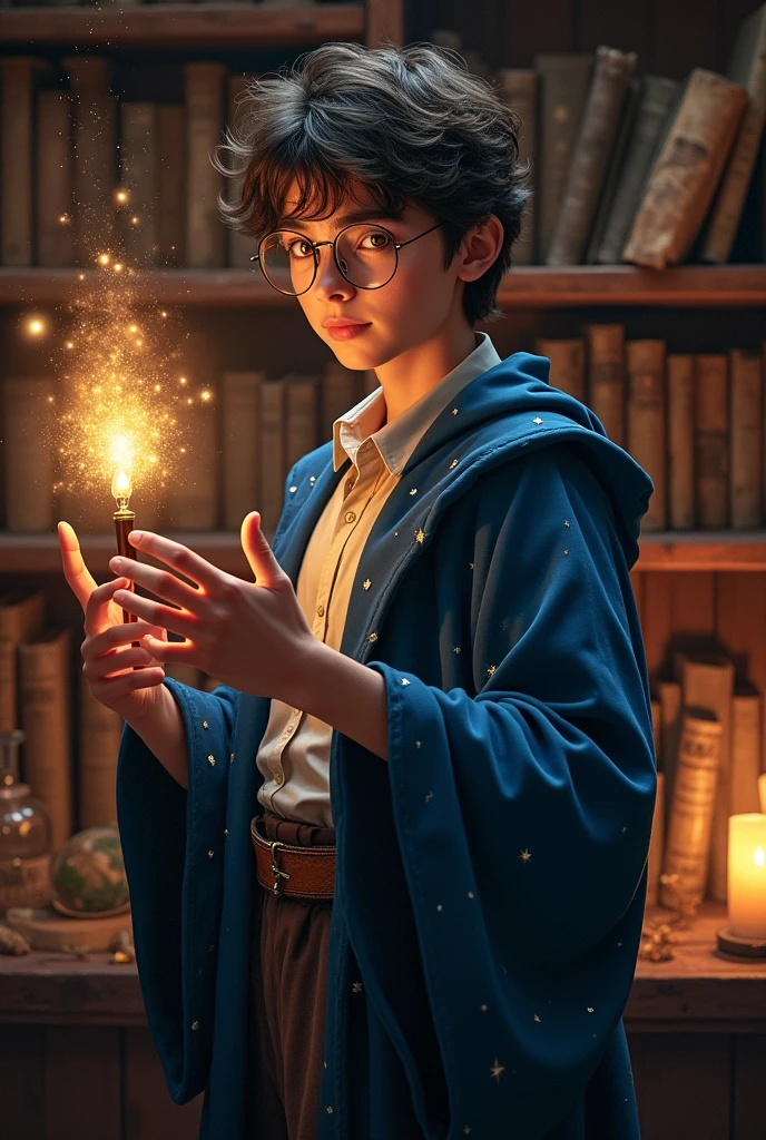 Young human wizard with dark brown hair and wearing glasses