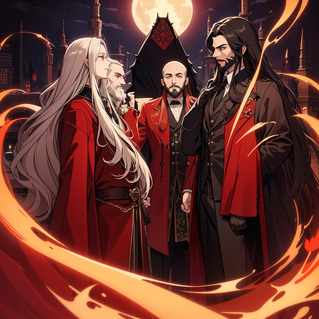 a man with long hair and a beard, wearing a red vampire coat, a male member of the Banu Hakim clan, vampire lord, Castelvania, Count Dracula