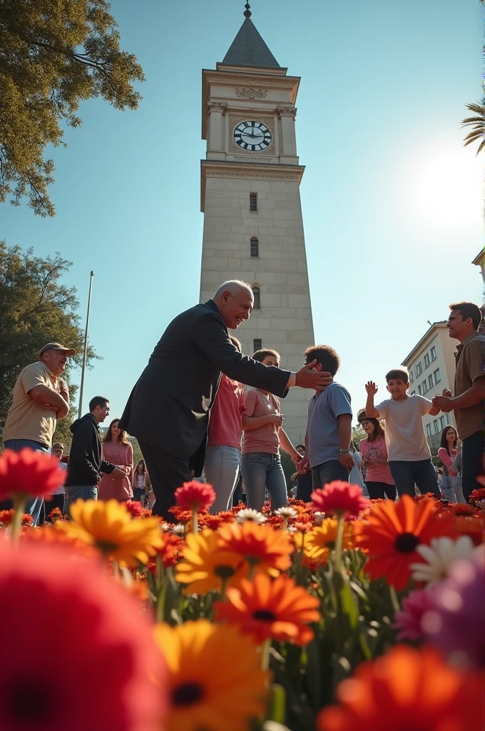 Atatürk hugs children in front of clock tower in Izmir around hundreds of flowers , and people dancing around them