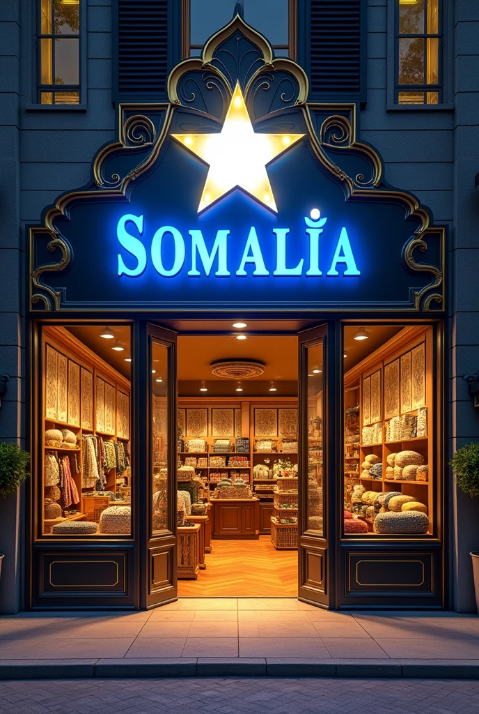 Make me a store design that says Somalia Store in blue with a white star and a golden crown