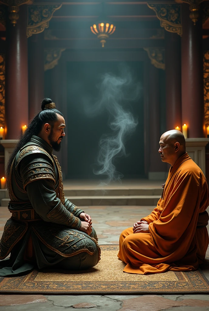 Ancient Chinese military general sitting before a monk inside a temple