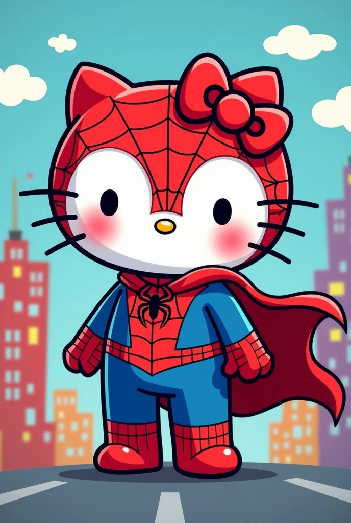 Create a Hello Kitty dressed as Spiderman, sin mascara, without cape, in a city, in a cartoon style