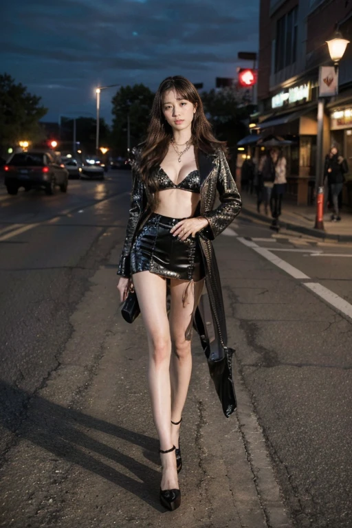 (RAW photos, best quality), (Practical, Photo Practical: 1.3), best quality, Very detailed, masterpiece, Ultra Detail, 1 American rock girl, Very detailed的脸部,Exquisite eyes, Full body portrait, Perfect body,(((Rock Style))),Sequin costumes,leather over coat,Short skirt,Complex accessories,Thick iron chains,large necklace,Very huge cleavage,Long legs,Long-range shooting, World masterpiece Theater, Stylish_long_hair, best quality, Movie Lighting,Standing at the supermarket entrance