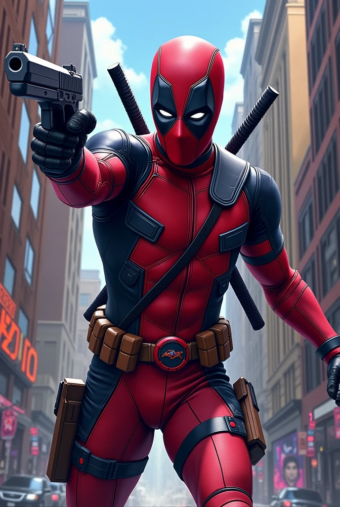 (photorealism:1.2), Full body Deadpool shooting with Baltimore Ravens jersey