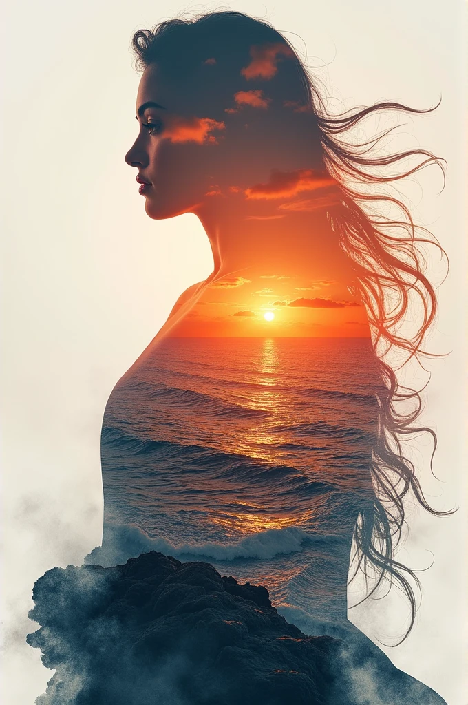 high quality, 8K Ultra HD, A beautiful double exposure that combines an goddess silhouette with sunset coast, sunset coast should serve as the underlying backdrop, with its details incorporated into the goddess , crisp lines, The background is monochrome, sharp focus, double exposure, by yukisakura, awesome full color,