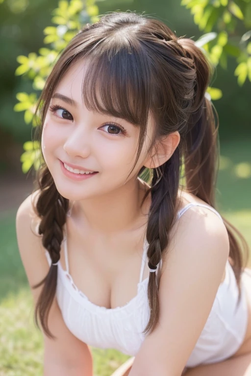 (Detailed face:1.3),One person, 18-year-old、cute、(((Euphoric face:1.2)))、(White tight camisole:1.3)、Baby Face、Big Breasts 、(Brown eyes:1.3), ((Gal Hairstyles)) 、High Twintails;1.Blonde、, (Eye and facial details:1.0), break, (masterpiece, Highest quality, Very detailed,8k:1.3),Sit with your legs apart