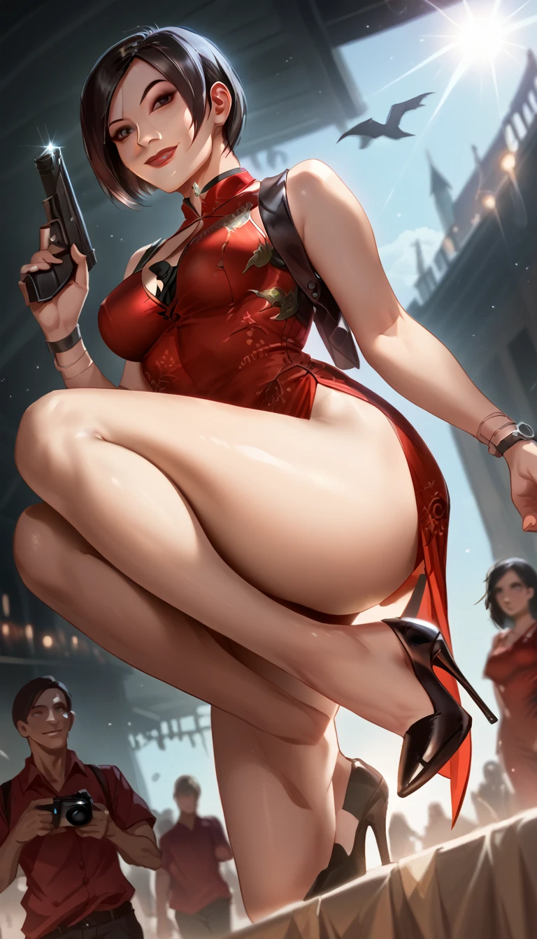 1 girl， solo， Ada Wong in the Resident Evil 4 remake， short detailed hair， brunette color hair， Red cheongsam， Short-sleeved shirt，， nedium breasts， upper legs， hindquarters， black heels， Adriana's face， audience looking， sly smile， The pistol was hung around her waist， Best quality at best， A high resolution：1.2， 18th century village in the background， shadowing， nightmare， rays of moonlight， Upper body shooting， Low camera angle、depth of fields、Center focus