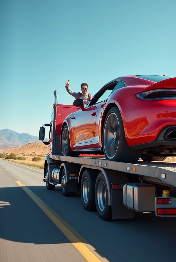 I want a horizontal image where you can see a car transporter truck with a car loaded on the back and the driver sticking his hand out the window with a thumbs up. 