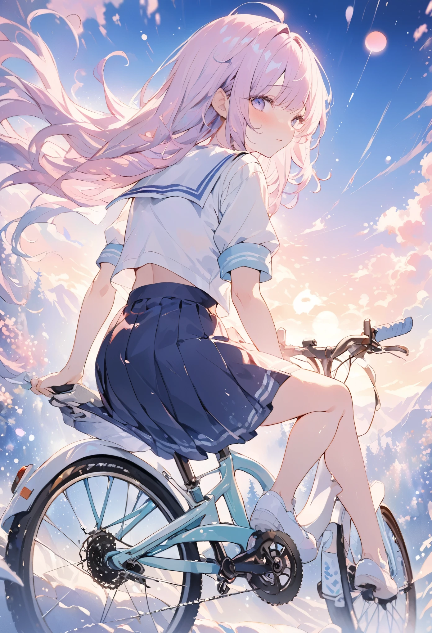 masterpiece, best quality, extremely detailed CG unity 8k wallpaper, Anime illustration of a high school girl riding a bicycle down an amazing downhill slope. She wears a sailor uniform. She is wearing a knee-length skirt. She is riding a bicycle with her legs spread to the sides. Angle seen from the back of the girl. It is painted in pastel colors and has a very emotional atmosphere. Watercolor. bokeh photography, (soft focus):1.2, out-of-focus highlights, dreamy ambiance, glowing circles, mesmerizing depth, depth of field