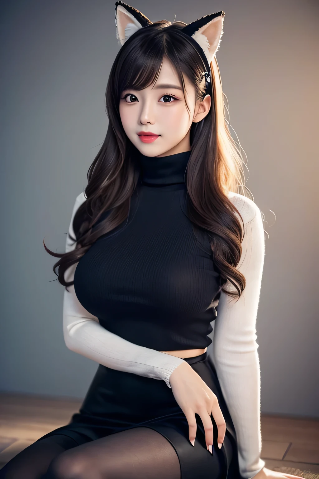 (ultra high quality, realistic photo) Chinese Hanfu young woman with long, wavy, black colored hair with perfect bangs、Sitting gracefully in a tight turtleneck sweater and high waist long skirt、pink fuzzy tight turtleneck long-sleeved sweater, black long high-waisted skirt, conservative but large breasts、Adorned with glittering embellishments and a large bow on the bust。She has big fluffy cat ears on her head、Matching soft and fluffy tail。Her eyes are large and seductive half closed、A calm and attractive look。The scene is softly lit with a magical, dreamy atmosphere.、It highlights her smooth skin and the intricate details of her outfit.、It adds to the whimsical nature of her look.。The background is soft and blurry、Enhances the ethereal feel of the image。
seductive, eyeliner and eye shadow, tight clothing, sitting with legs crossed wearing pantyhose, 3 meter long hair, extremely long hair, shampoos hair everyday for the last 10 years, hair touching the floor, goddess, thin beautiful, red lipstick, arms squeezing breasts, smirk, hypnotized, brainwashed, happy, mature but still young