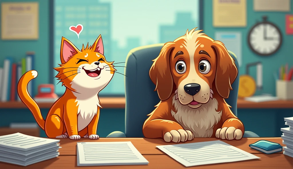 Un chat qui lèche un chien par derrière, illustrant de manière humoristique le comportement d'un collègue qui cherche à flatter le patron de manière excessive.