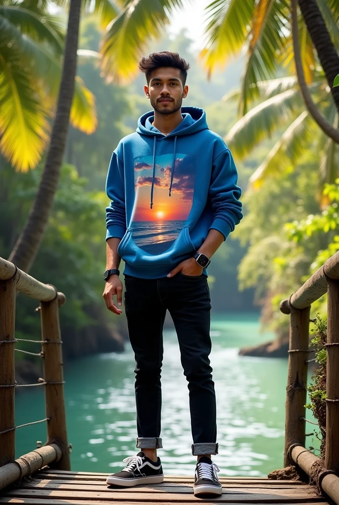 Please make a picture of a 25-year-old Indonesia man standing on a bridge, there is a tropical river, wearing black jeans, wearing a smartwatch in his left hand, wearing a blue hoodie with an aesthetic picture of the beach sunset, black jeans, and black Vans shoes with white soles.