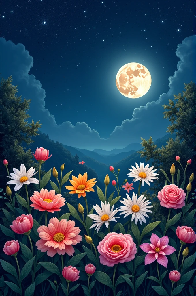 Draw me 17 flowers that have a beautiful night in the background and that with 17 stars form the letter J 