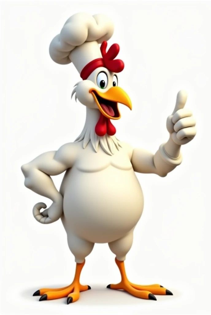 A white rooster that looks somewhat athletic with a chef's hat with his thumb up, not realistic, and I want it to look like a cartoon, even less realistic, more animated like Looney Tunes with nothing else around.