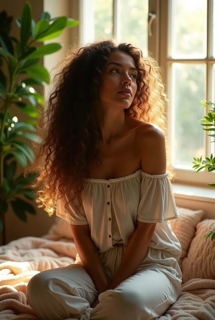 (photorealism:1.2), beautiful woman, sitting on bed, wearing loose off-shoulder top, pajama pants, long curly hair, indoors, soft lighting, plants in background, window with sunlight, cozy room, relaxed pose, realistic, intricate details, warm colors, by Greg Rutkowski, by Alphonse Mucha